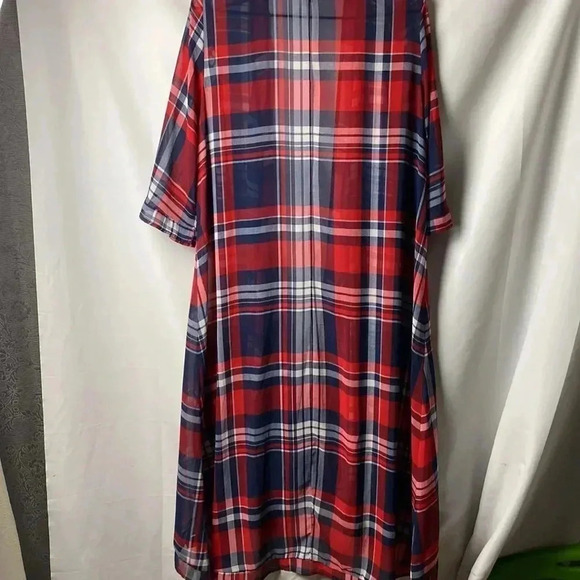 TORRID WO SIZE 0/00 (10/12) LONG NAVY RED PLAID. SHEER OPEN FRONT DUSTER - Picture 9 of 10